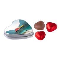 Hartenblikje met chocolade hartjes zilver