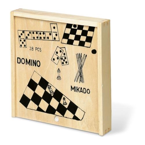 4 spellen in houten doos hout