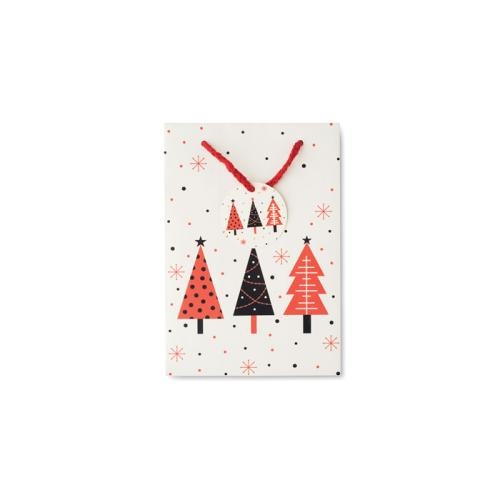 Papieren geschenkzakje kerstbomen small wit