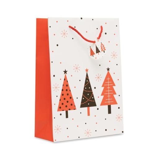 Papieren geschenkzakje kerstbomen large wit
