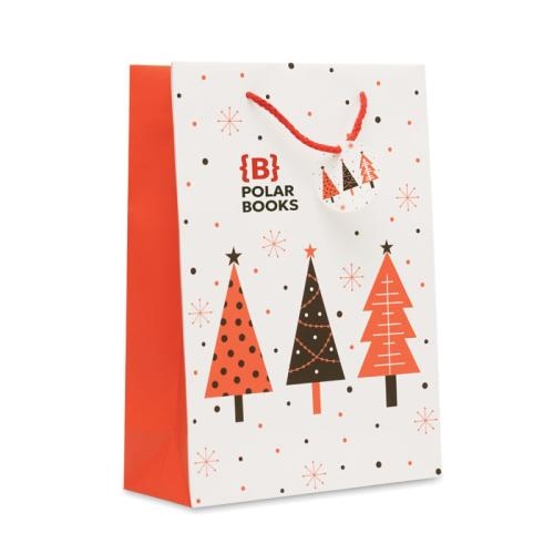 Papieren geschenkzakje kerstbomen large wit