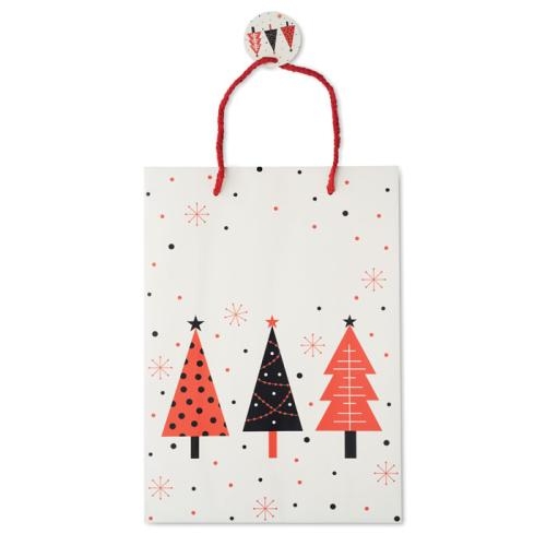 Papieren geschenkzakje kerstbomen large wit