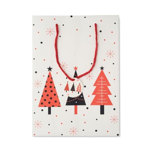 Papieren geschenkzakje kerstbomen large wit