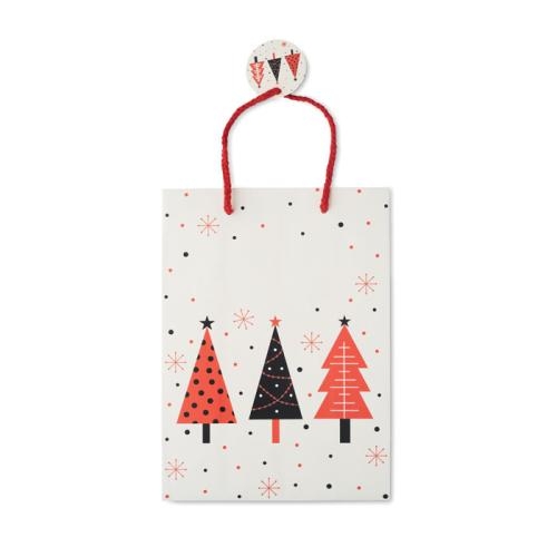 Papieren geschenkzakje kerstbomen medium wit