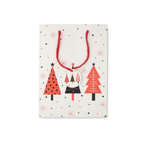 Papieren geschenkzakje kerstbomen medium wit