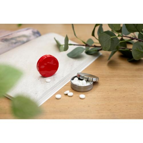 Rond metalen snoepblikje rood